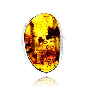 925 Sterling Silver & Genuine Cognac Baltic Amber Unique Exclusive Adjustable Size Ring - RG0792