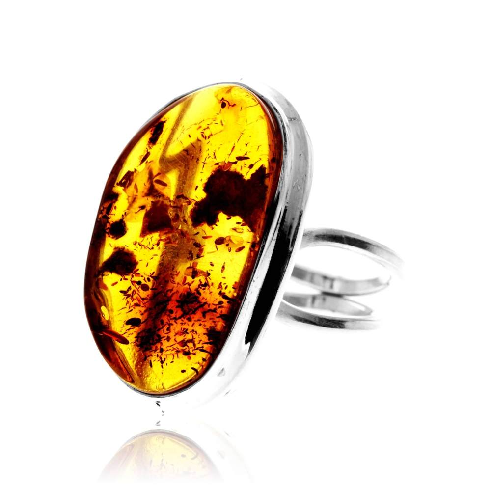 925 Sterling Silver & Genuine Cognac Baltic Amber Unique Exclusive Adjustable Size Ring - RG0792