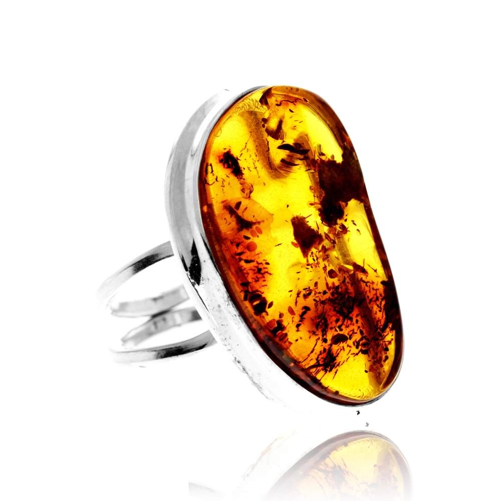 925 Sterling Silver & Genuine Cognac Baltic Amber Unique Exclusive Adjustable Size Ring - RG0792