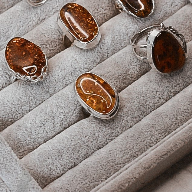 925 Sterling Silver & Genuine Cognac Baltic Amber Unique Exclusive Adjustable Size Ring - RG0793