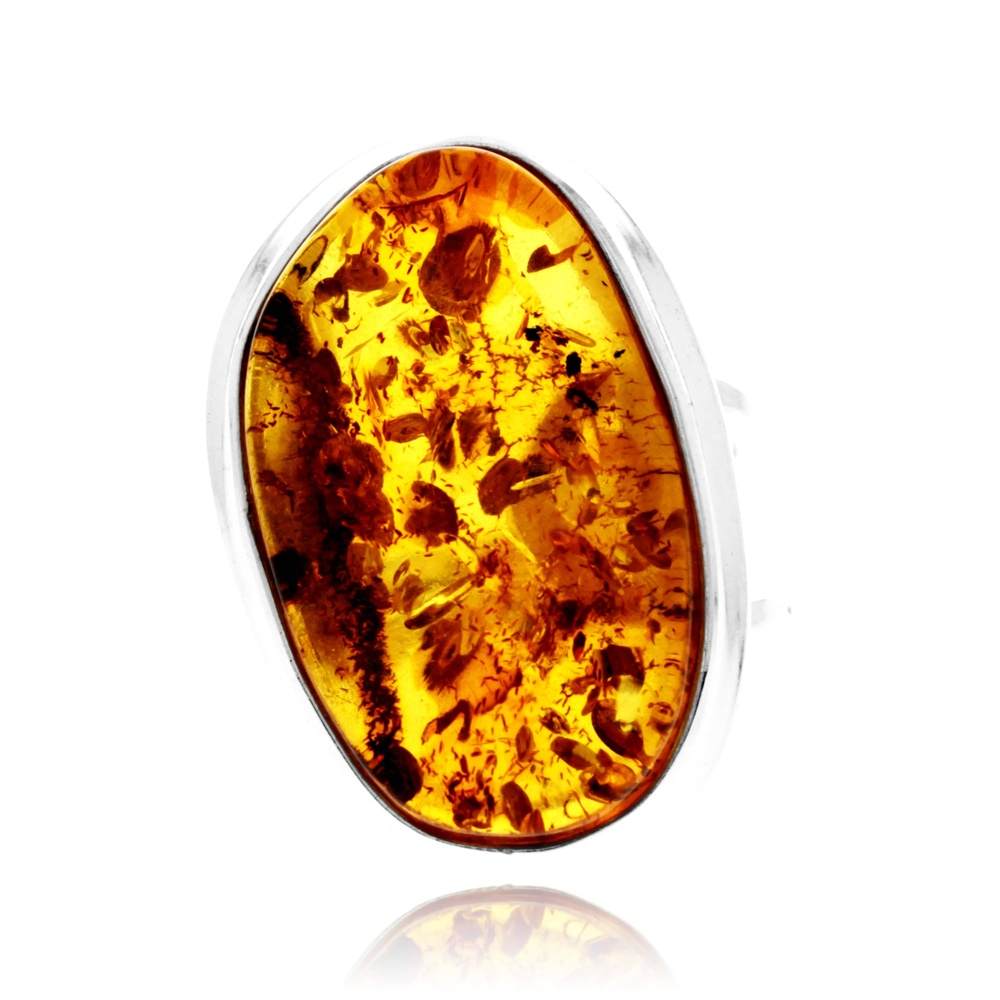 925 Sterling Silver & Genuine Cognac Baltic Amber Unique Exclusive Adjustable Size Ring - RG0793