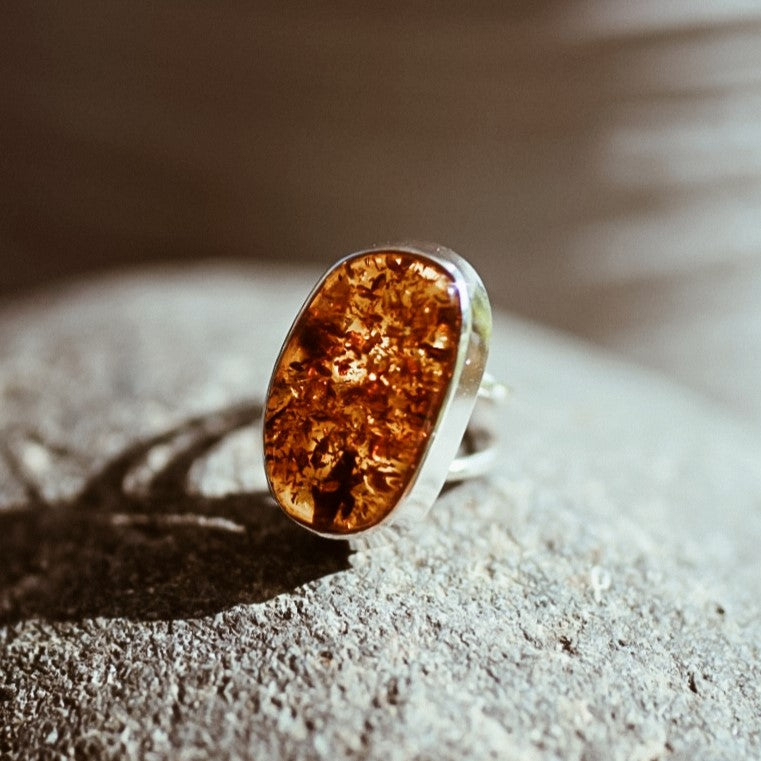 925 Sterling Silver & Genuine Cognac Baltic Amber Unique Exclusive Adjustable Size Ring - RG0794