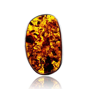 925 Sterling Silver & Genuine Cognac Baltic Amber Unique Exclusive Adjustable Size Ring - RG0794