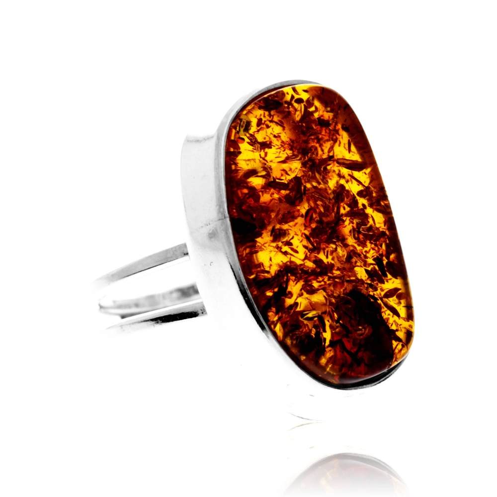 925 Sterling Silver & Genuine Cognac Baltic Amber Unique Exclusive Adjustable Size Ring - RG0794