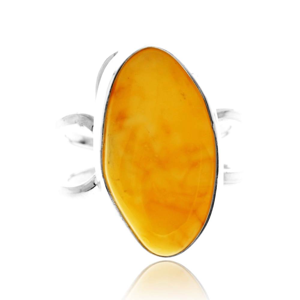 925 Sterling Silver & Genuine Lemon Baltic Amber Unique Exclusive Adjustable Size Ring - RG0796