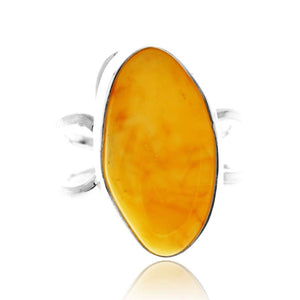 925 Sterling Silver & Genuine Lemon Baltic Amber Unique Exclusive Adjustable Size Ring - RG0796