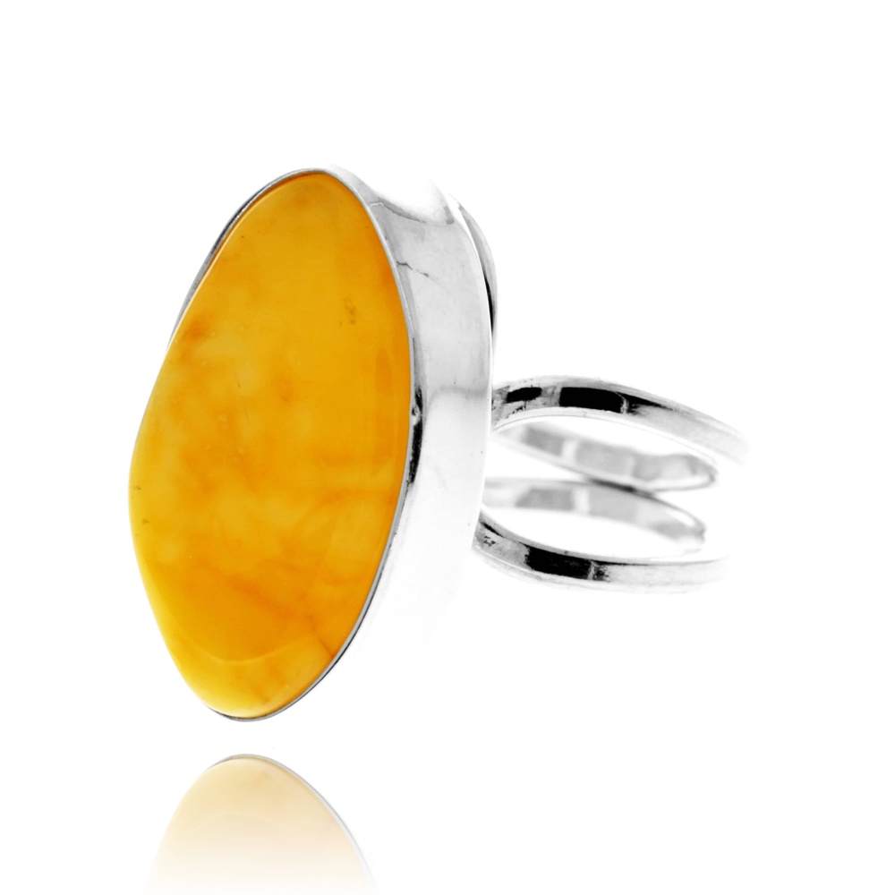 925 Sterling Silver & Genuine Lemon Baltic Amber Unique Exclusive Adjustable Size Ring - RG0796