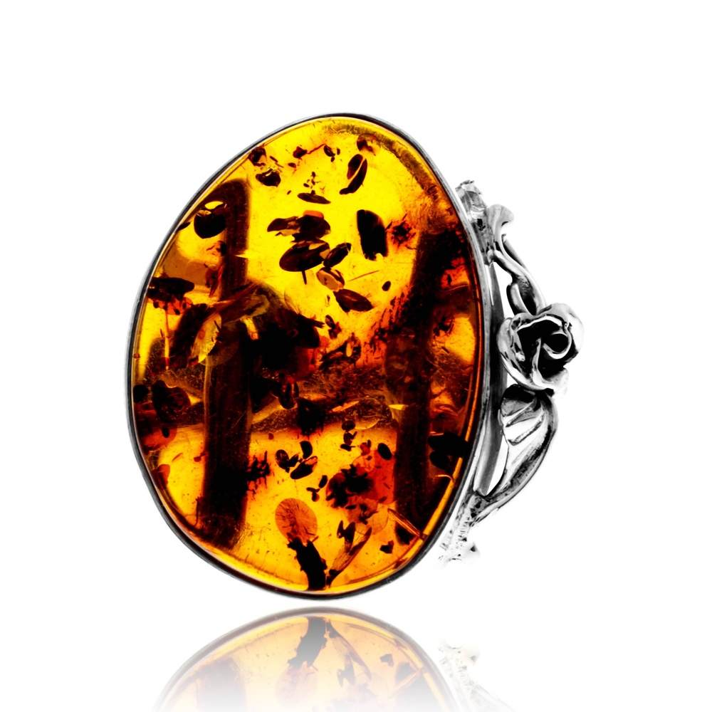 925 Sterling Silver & Genuine Cognac Baltic Amber Unique Exclusive Adjustable Size Ring - RG0798