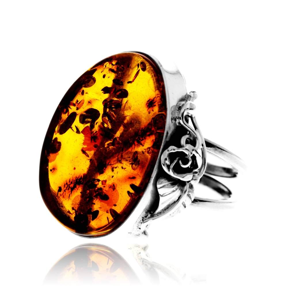 925 Sterling Silver & Genuine Cognac Baltic Amber Unique Exclusive Adjustable Size Ring - RG0798