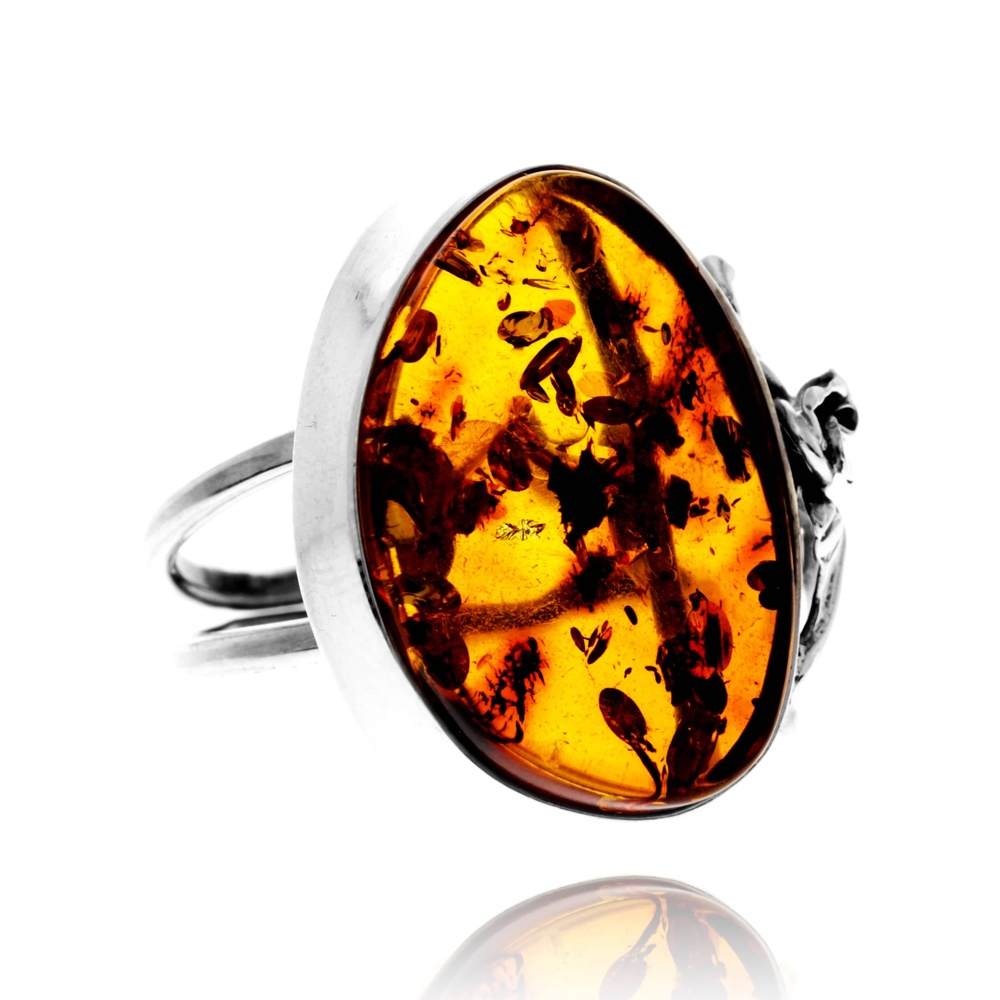 925 Sterling Silver & Genuine Cognac Baltic Amber Unique Exclusive Adjustable Size Ring - RG0798