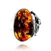 925 Sterling Silver & Genuine Cognac Baltic Amber Unique Exclusive Adjustable Size Ring - RG0800