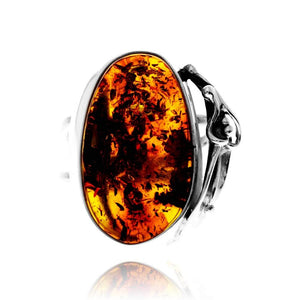 925 Sterling Silver & Genuine Cognac Baltic Amber Unique Exclusive Adjustable Size Ring - RG0800