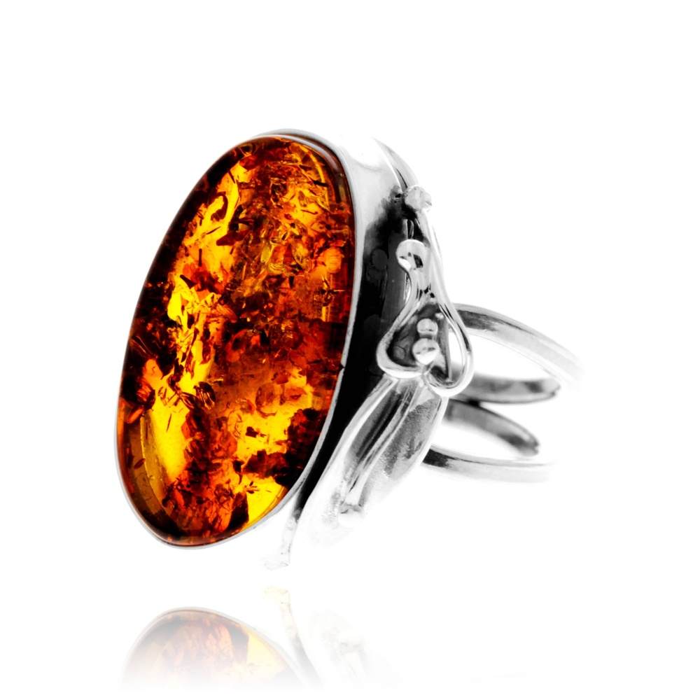 925 Sterling Silver & Genuine Cognac Baltic Amber Unique Exclusive Adjustable Size Ring - RG0800