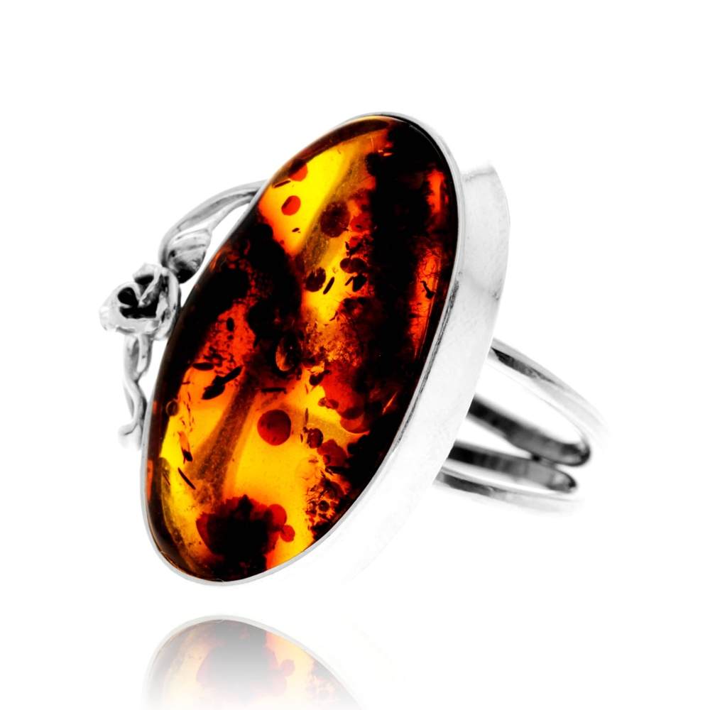 925 Sterling Silver & Genuine Cognac Baltic Amber Unique Exclusive Adjustable Size Ring - RG0802