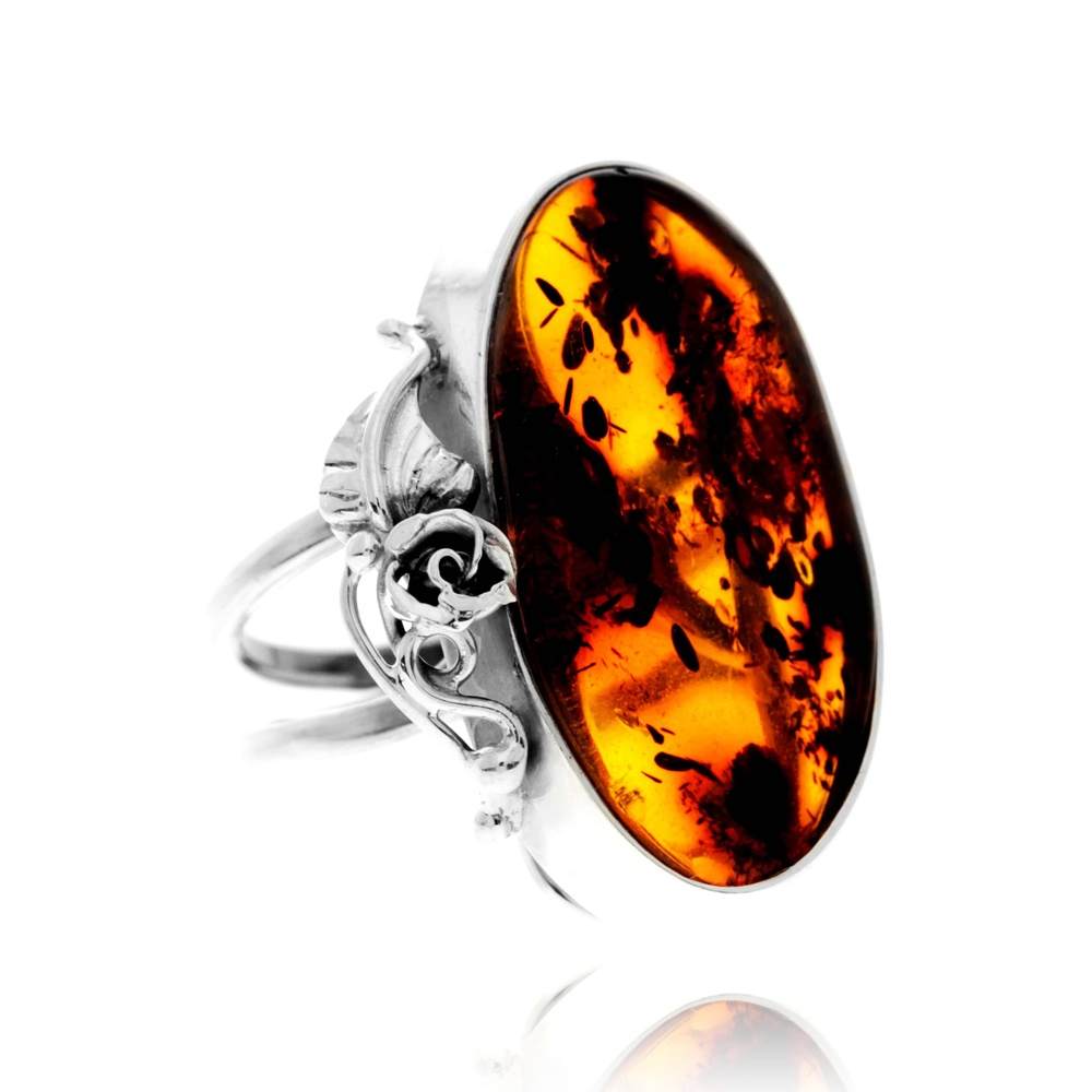 925 Sterling Silver & Genuine Cognac Baltic Amber Unique Exclusive Adjustable Size Ring - RG0802