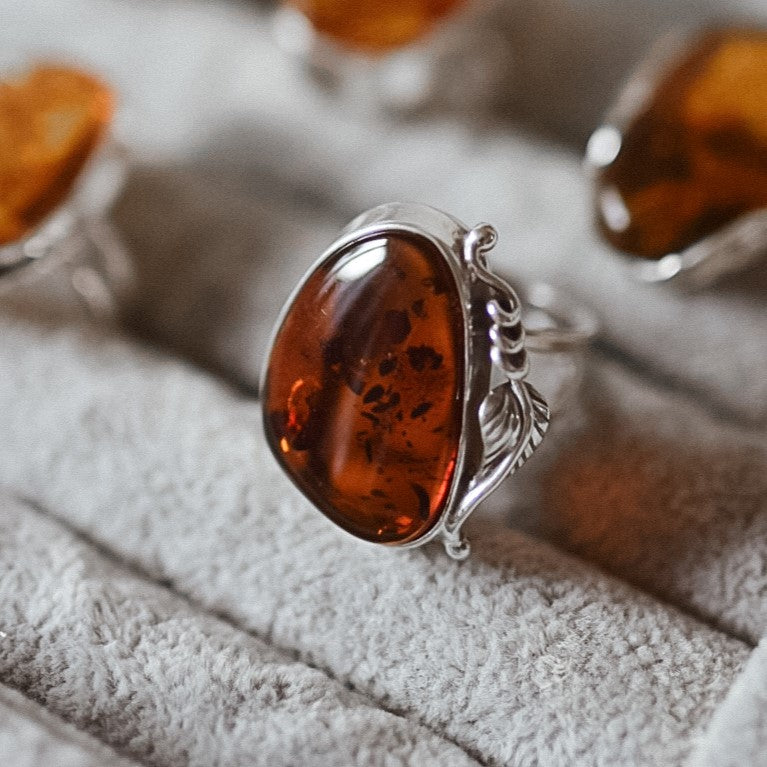 925 Sterling Silver & Genuine Cognac Baltic Amber Unique Exclusive Adjustable Size Ring - RG0804