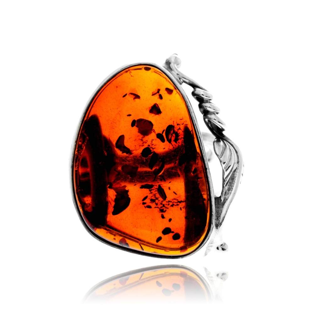 925 Sterling Silver & Genuine Cognac Baltic Amber Unique Exclusive Adjustable Size Ring - RG0804