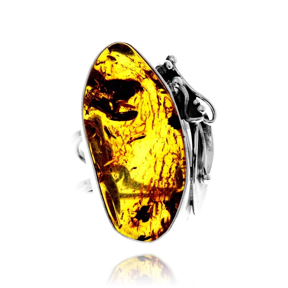 925 Sterling Silver & Genuine Cognac Baltic Amber Unique Exclusive Adjustable Size Ring - RG0805