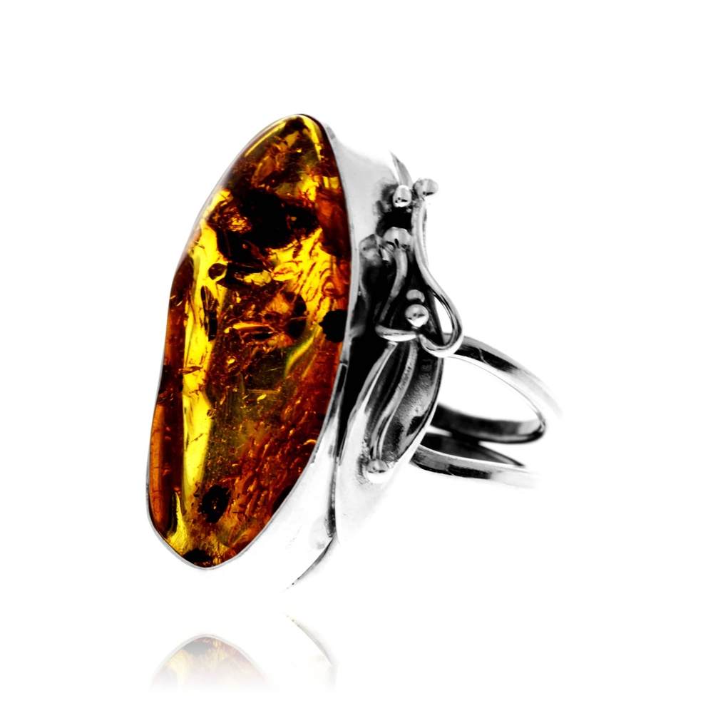 925 Sterling Silver & Genuine Cognac Baltic Amber Unique Exclusive Adjustable Size Ring - RG0805