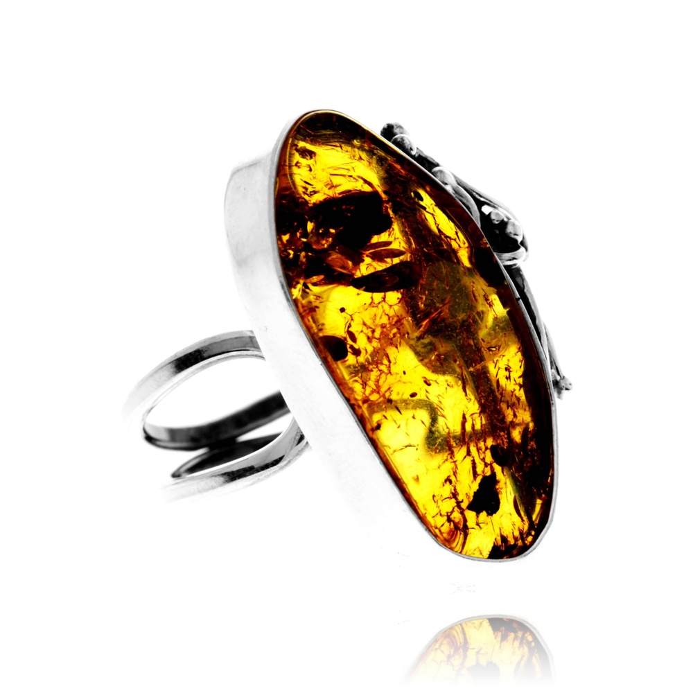 925 Sterling Silver & Genuine Cognac Baltic Amber Unique Exclusive Adjustable Size Ring - RG0805