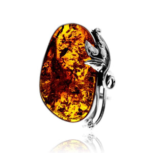 925 Sterling Silver & Genuine Cognac Baltic Amber Unique Exclusive Adjustable Size Ring - RG0806