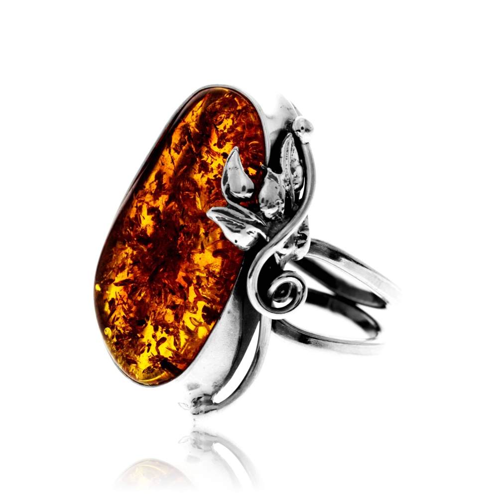 925 Sterling Silver & Genuine Cognac Baltic Amber Unique Exclusive Adjustable Size Ring - RG0806