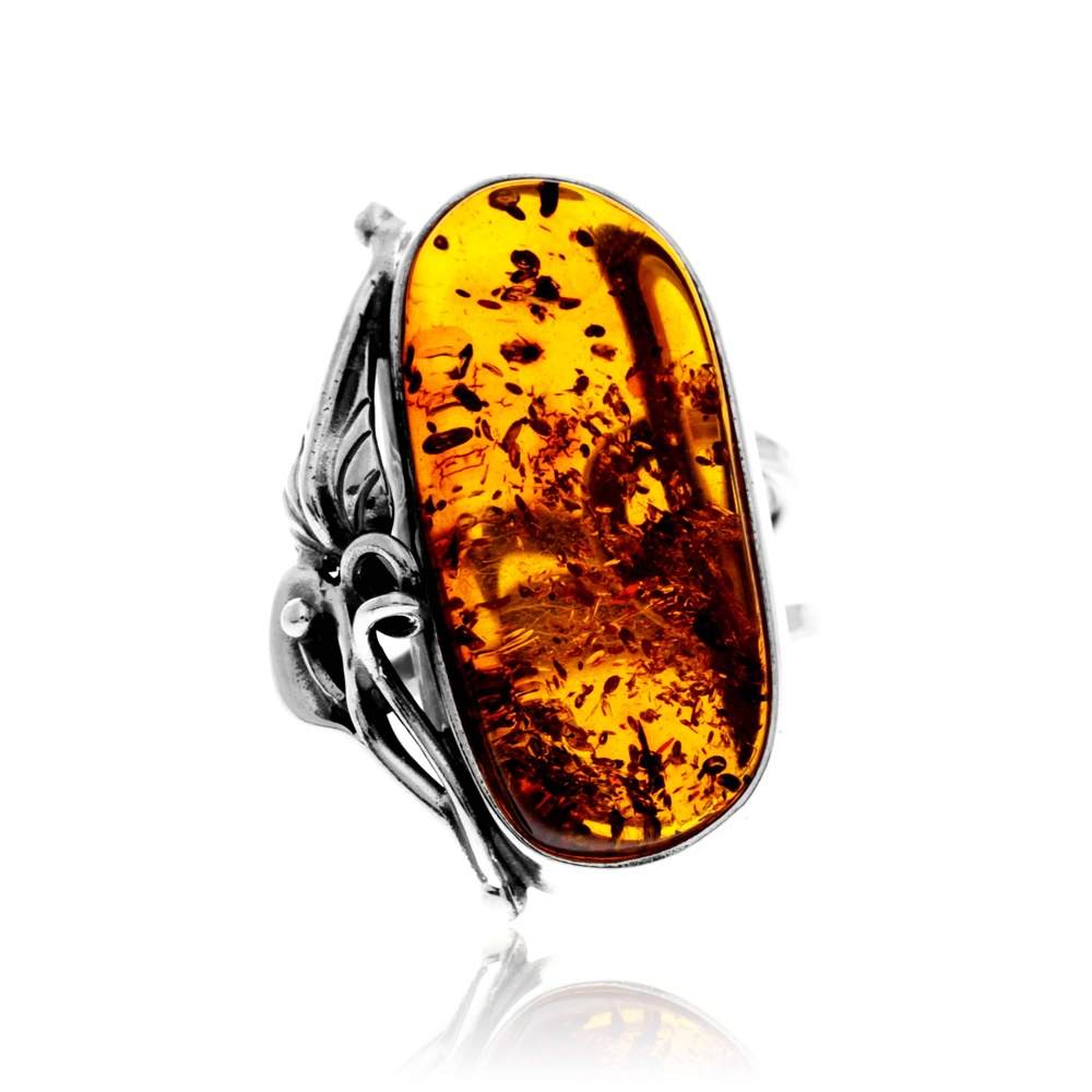 925 Sterling Silver & Genuine Cognac Baltic Amber Unique Exclusive Adjustable Size Ring - RG0808