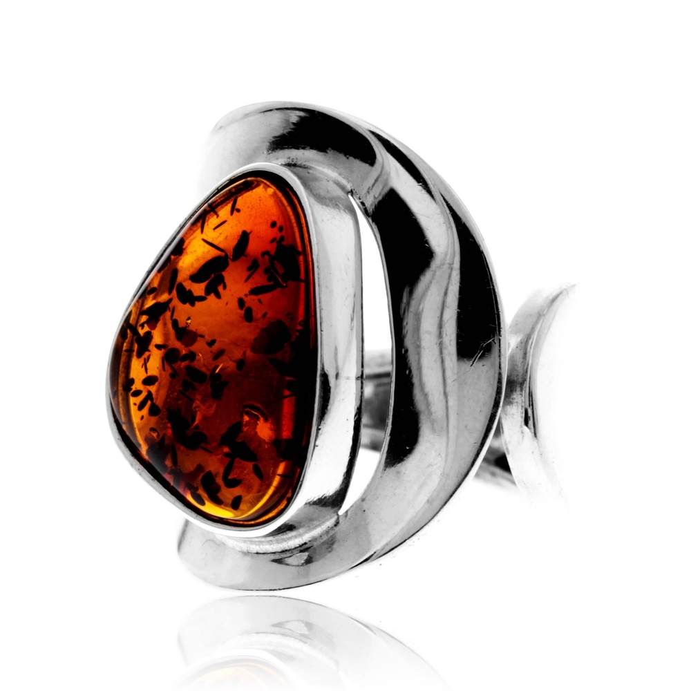 925 Sterling Silver & Genuine Cognac Baltic Amber Unique Exclusive Adjustable Size Ring - RG0815