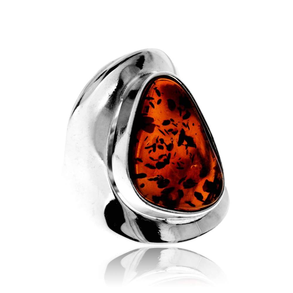 925 Sterling Silver & Genuine Cognac Baltic Amber Unique Exclusive Adjustable Size Ring - RG0815