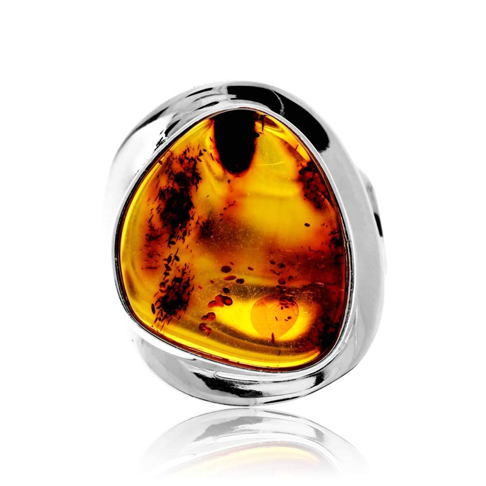 925 Sterling Silver & Genuine Cognac Baltic Amber Unique Exclusive Adjustable Size Ring - RG0818