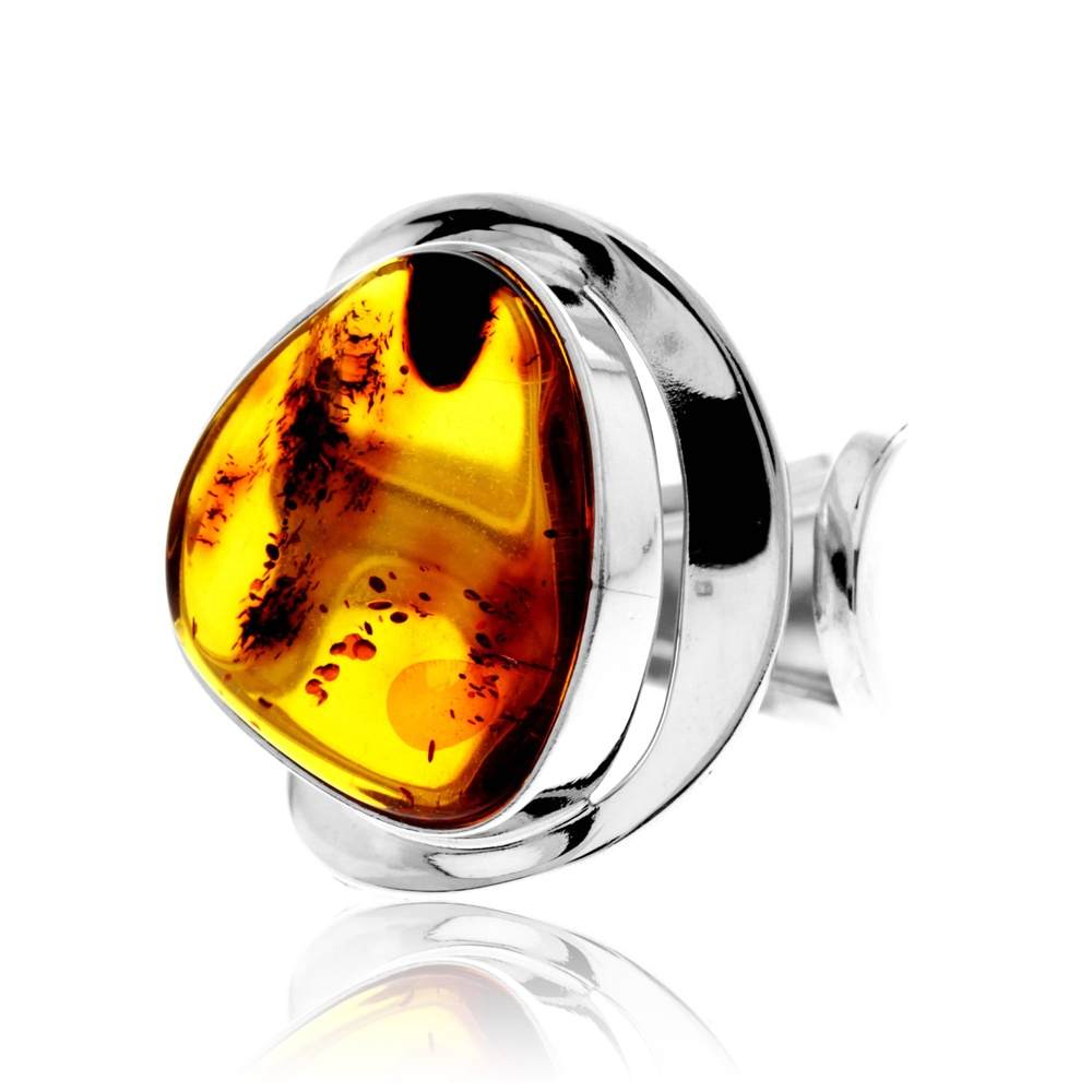 925 Sterling Silver & Genuine Cognac Baltic Amber Unique Exclusive Adjustable Size Ring - RG0818