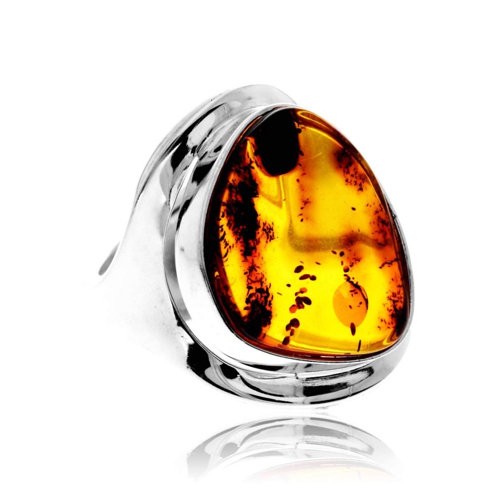 925 Sterling Silver & Genuine Cognac Baltic Amber Unique Exclusive Adjustable Size Ring - RG0818