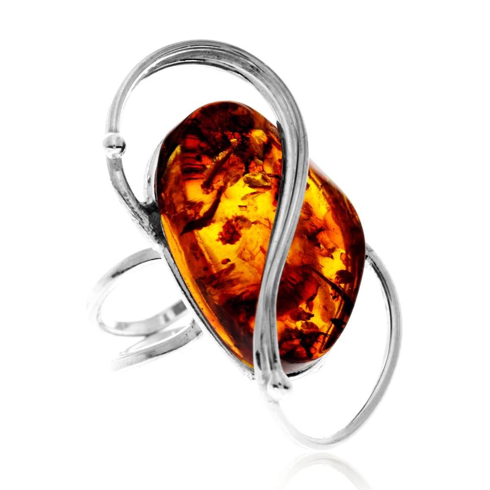 925 Sterling Silver & Genuine Cognac Baltic Amber Unique Exclusive Adjustable Size Ring - RG0823