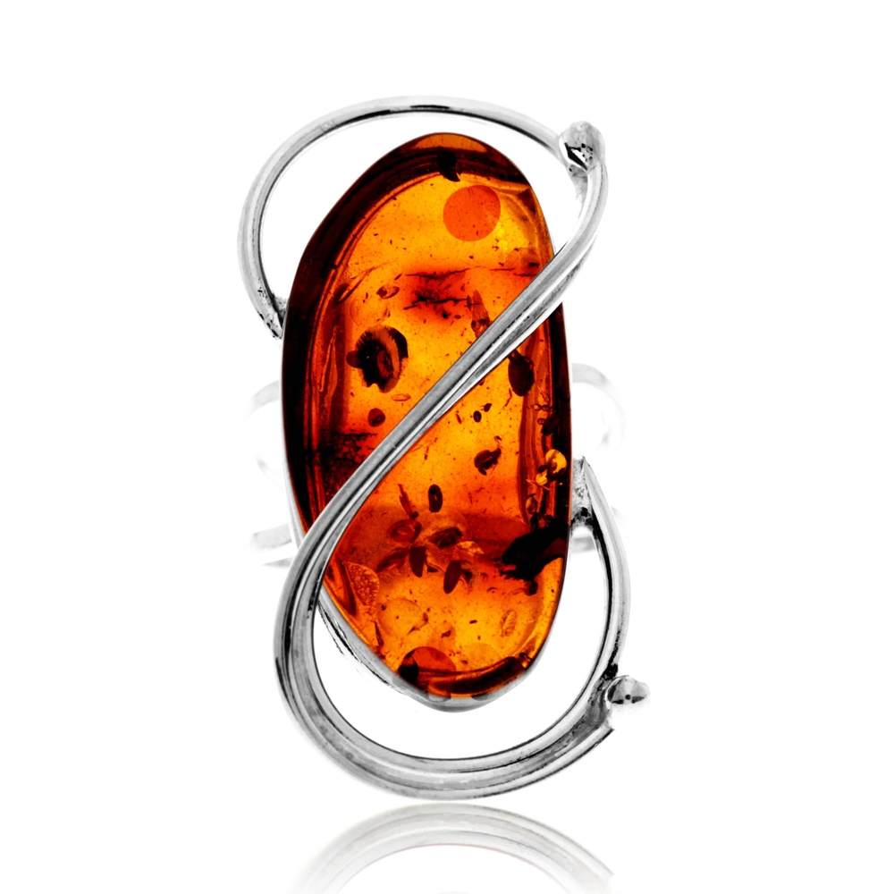 925 Sterling Silver & Genuine Cognac Baltic Amber Unique Exclusive Adjustable Size Ring - RG0827