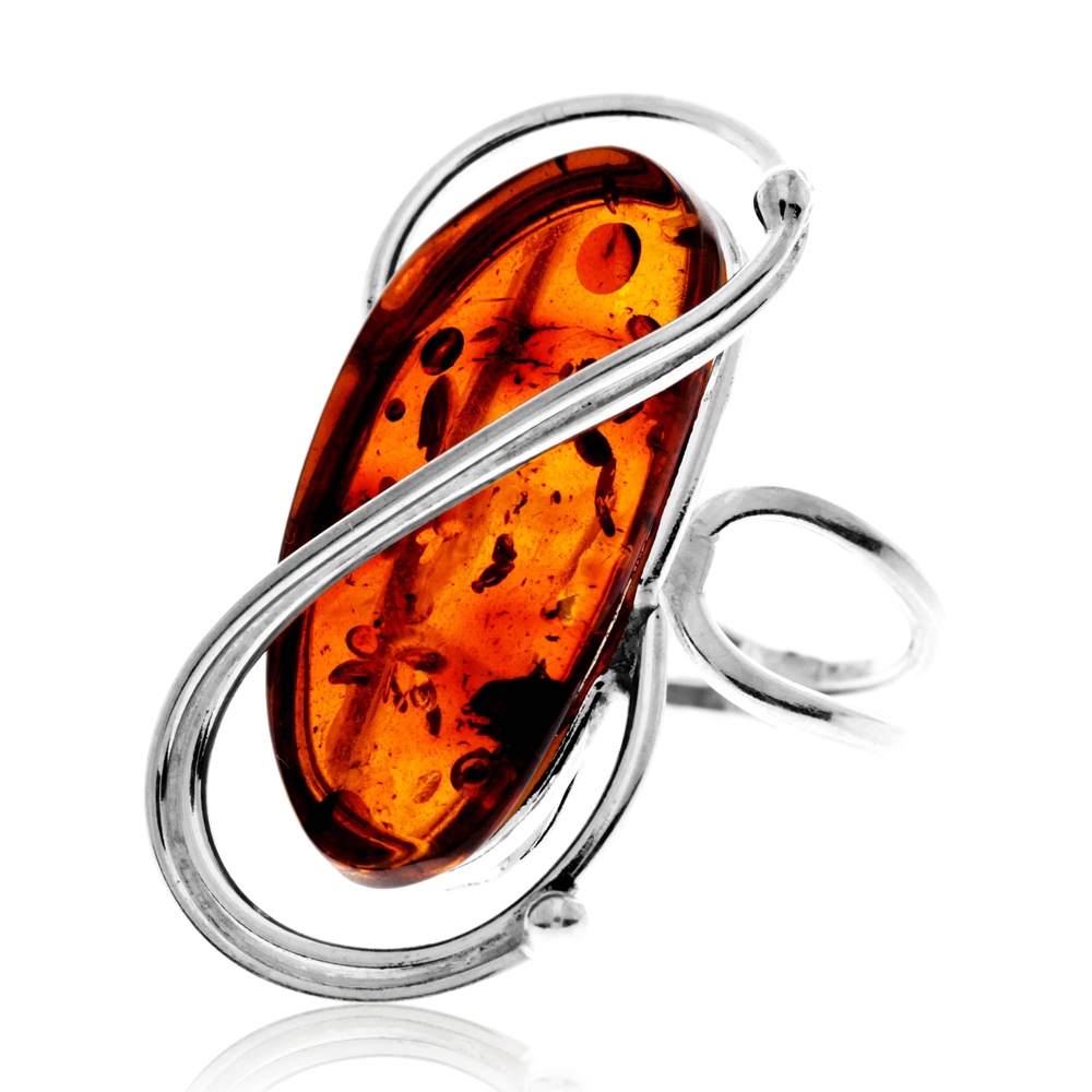 925 Sterling Silver & Genuine Cognac Baltic Amber Unique Exclusive Adjustable Size Ring - RG0827