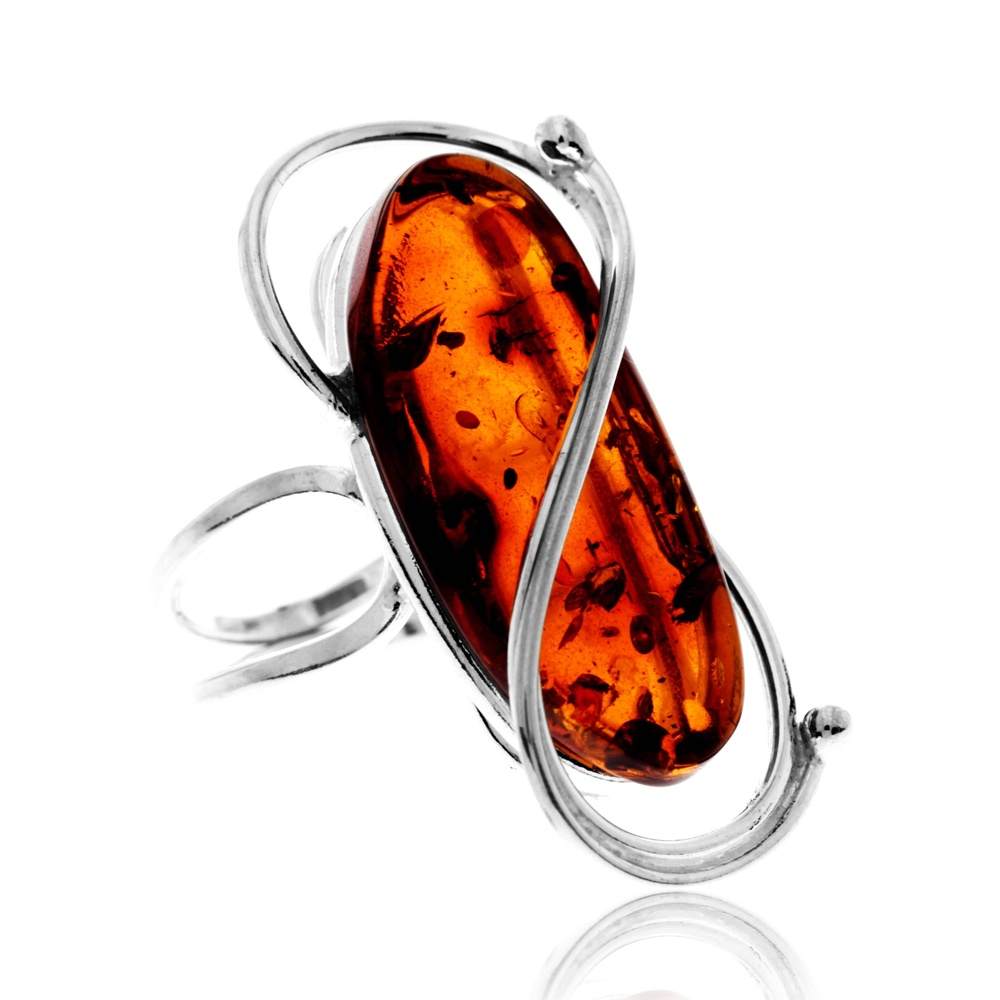 925 Sterling Silver & Genuine Cognac Baltic Amber Unique Exclusive Adjustable Size Ring - RG0827
