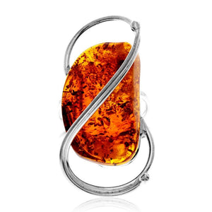 925 Sterling Silver & Genuine Cognac Baltic Amber Unique Exclusive Adjustable Size Ring - RG0829