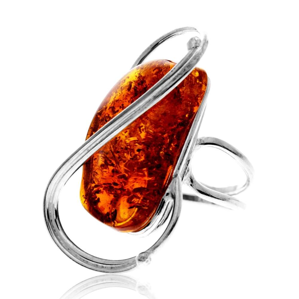 925 Sterling Silver & Genuine Cognac Baltic Amber Unique Exclusive Adjustable Size Ring - RG0829