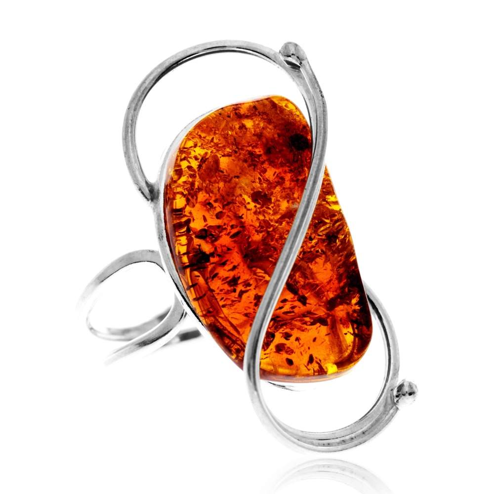 925 Sterling Silver & Genuine Cognac Baltic Amber Unique Exclusive Adjustable Size Ring - RG0829