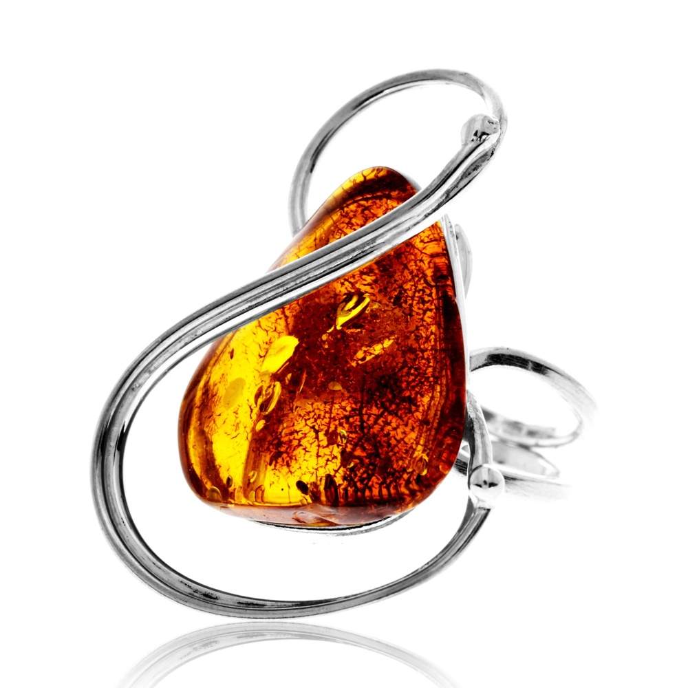 925 Sterling Silver & Genuine Cognac Baltic Amber Unique Exclusive Adjustable Size Ring - RG0830