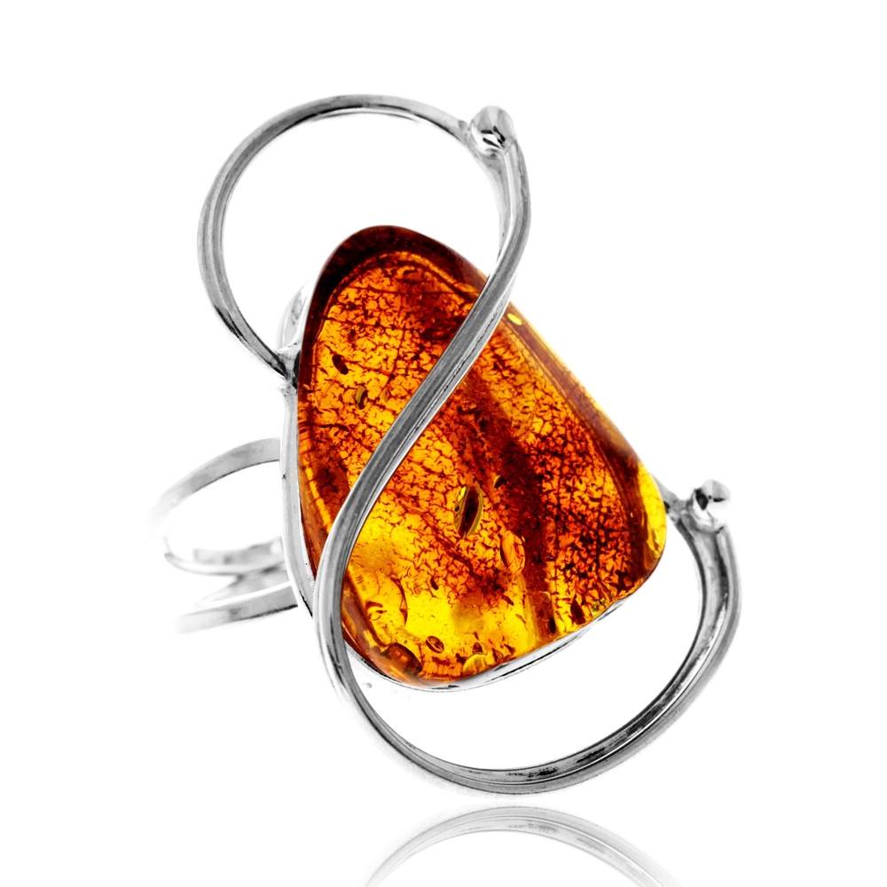 925 Sterling Silver & Genuine Cognac Baltic Amber Unique Exclusive Adjustable Size Ring - RG0830