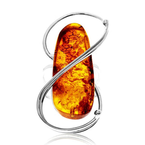 925 Sterling Silver & Genuine Cognac Baltic Amber Unique Exclusive Adjustable Size Ring - RG0831