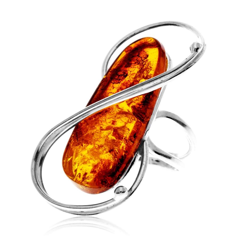 925 Sterling Silver & Genuine Cognac Baltic Amber Unique Exclusive Adjustable Size Ring - RG0831