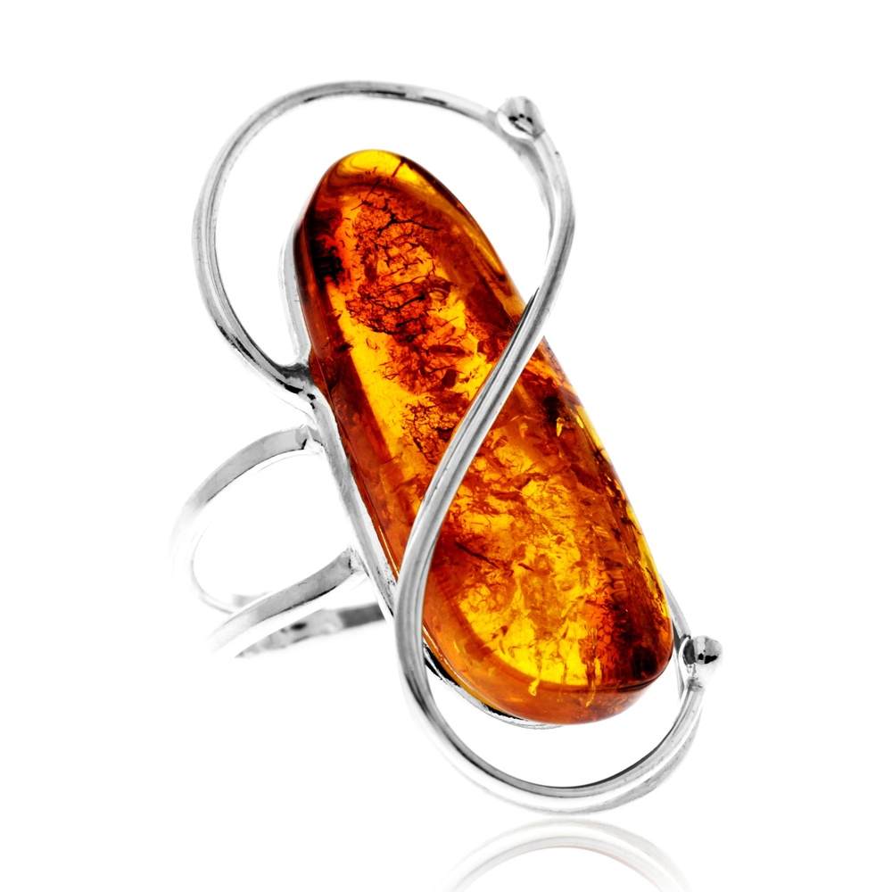 925 Sterling Silver & Genuine Cognac Baltic Amber Unique Exclusive Adjustable Size Ring - RG0831