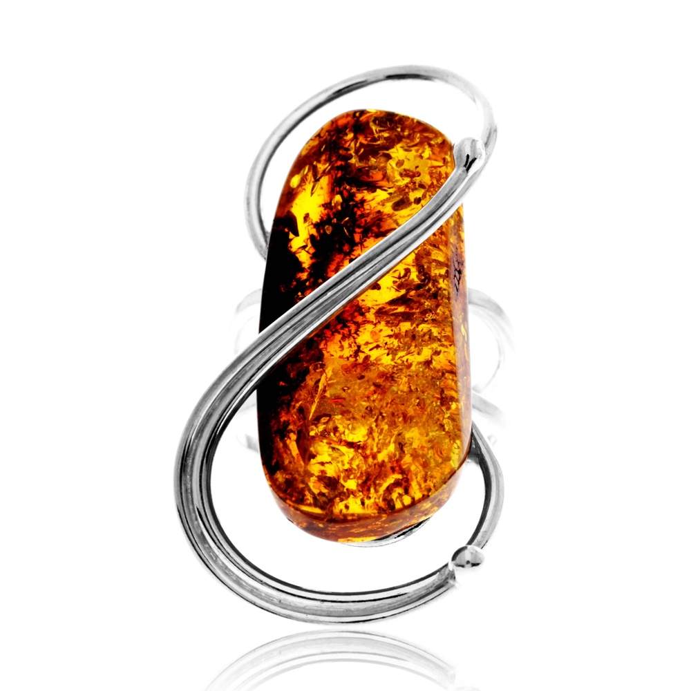 925 Sterling Silver & Genuine Cognac Baltic Amber Unique Exclusive Adjustable Size Ring - RG0832