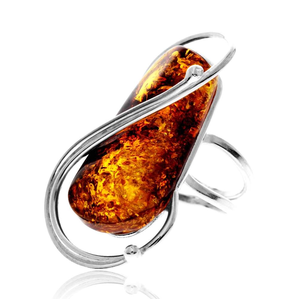 925 Sterling Silver & Genuine Cognac Baltic Amber Unique Exclusive Adjustable Size Ring - RG0832