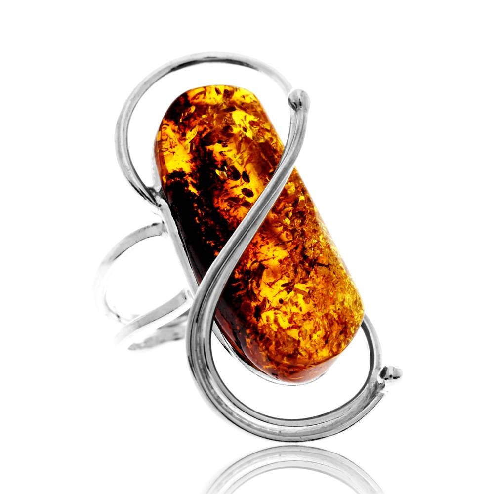 925 Sterling Silver & Genuine Cognac Baltic Amber Unique Exclusive Adjustable Size Ring - RG0832