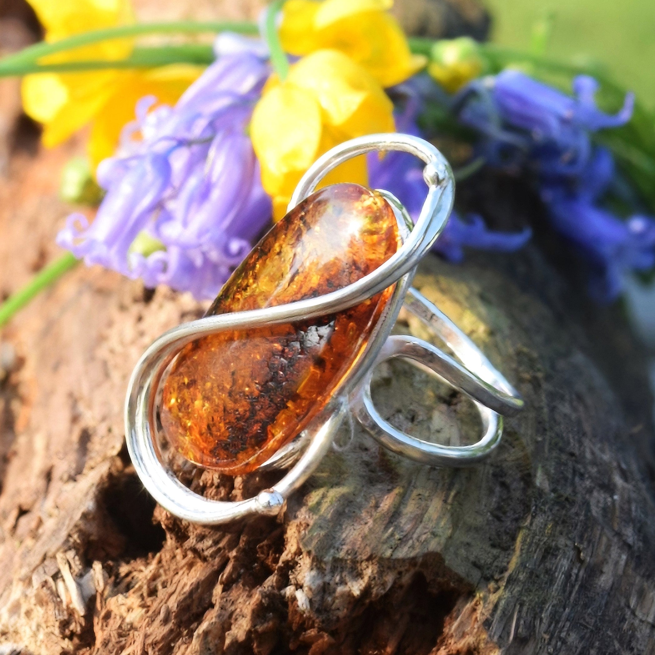 925 Sterling Silver & Genuine Cognac Baltic Amber Unique Exclusive Adjustable Size Ring - RG0833