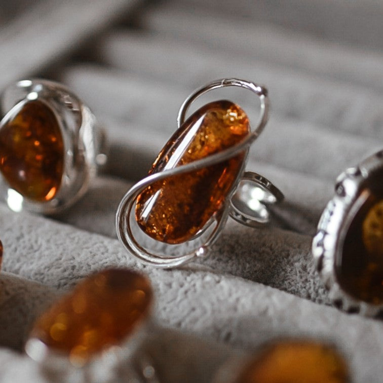 925 Sterling Silver & Genuine Cognac Baltic Amber Unique Exclusive Adjustable Size Ring - RG0833