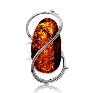 925 Sterling Silver & Genuine Cognac Baltic Amber Unique Exclusive Adjustable Size Ring - RG0833